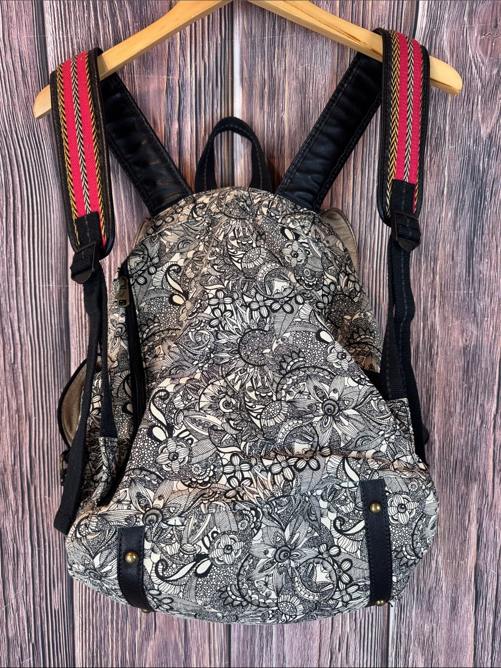 Sakroots Black and Cream Floral Canvas Backpack with Pink Accent Straps - Picture 9 of 14